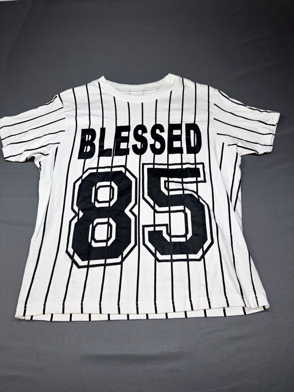 On Fire Women’s Large Blessed 85 Pinstripe White/Black Crew Neck